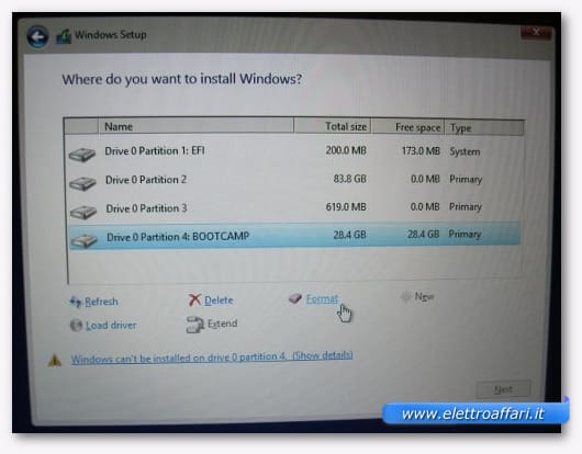 Selezione della partizione BOOTCAMP per installare Windows