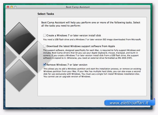 Schermata di Boot Camp per scegliere di disinstallare Windows dal Mac