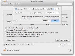 Finestra delle impostazioni del Mac per programmare accensione e spegnimento