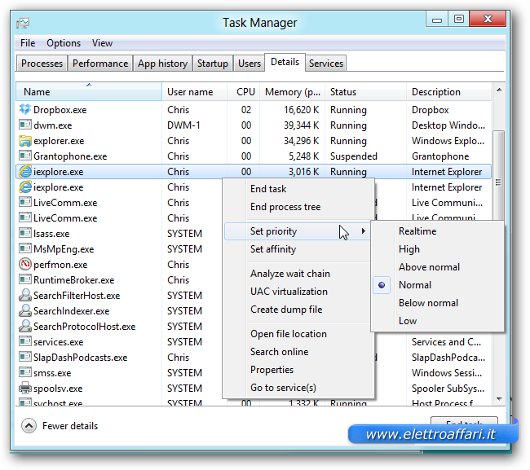 Finestra della funzione Details del task manager di Windows 8